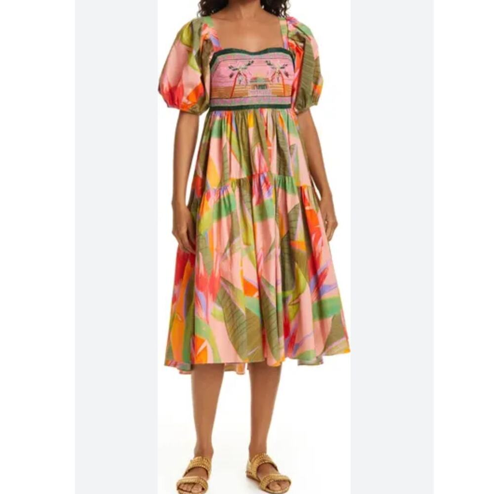 Farm Rio Pink Garden Embroidered Dress Size S pink green C8 - Picture 2 of 7